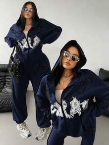 POPSWAY Conjunto de sudadera con capucha y pantalones de chándal estampados de estilo deportivo casual, chándal de punto de talla grande para otoño/invierno - Azul Marino - Ver 1