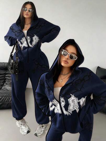 POPSWAY 休闲运动风印花连帽衫和运动裤套装，大码针织运动服，适合秋冬季穿着