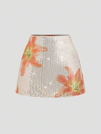 Sweetra Retro Floral Sequin Mesh Print High Waist Sexy Bodycon Mini Skirt, Versatile For Island Vacation, All Season