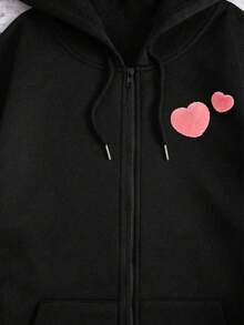 Sudadera con capucha de cierre completo  con estampado de corazones rosas para uso diario y ocasiones casuales - Negro - Ver 7
