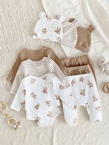 Newborn Sweet Bear Cotton Loungewear 6-Piece Set - Beige White Sweet Bear Cotton Loungewear 6-Piece Combo Sweet Bear Design Beige White Sweet Color Long Sleeve Footed Romper Sweet Bear Bodysuit Pants Hat Set 6-Piece Combo Social Media Style Sweet Bear 2026 New Year Holiday Essential Spring Summer Autumn Winter Newborn Sweet Bear Cotton Loungewear 6-Piece Set