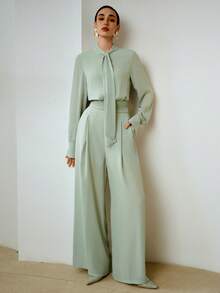ZEYLAH Lightweight Chiffon Long Sleeve Jumpsuit With Ribbon Collar And Rhinestone Buttons, Spring/Summer - Mint Green - View 6