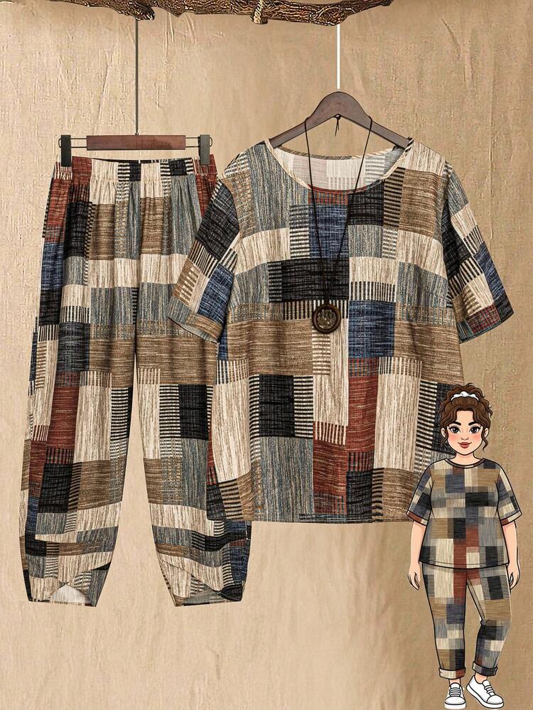 Plus Size Summer Home Wear Loose Geometric Round Neck Short-Sleeved Top And Carrot Pants Two-Piece Set