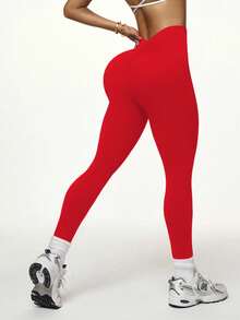 Easithlete 女士休闲无缝纯色提臀运动紧身裤 - 紅色 - 查看 7