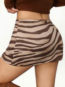 Rina Fox 2025 Minifalda sexy de cintura baja con estampado de cebra para fiesta - Marrón - Ver 2