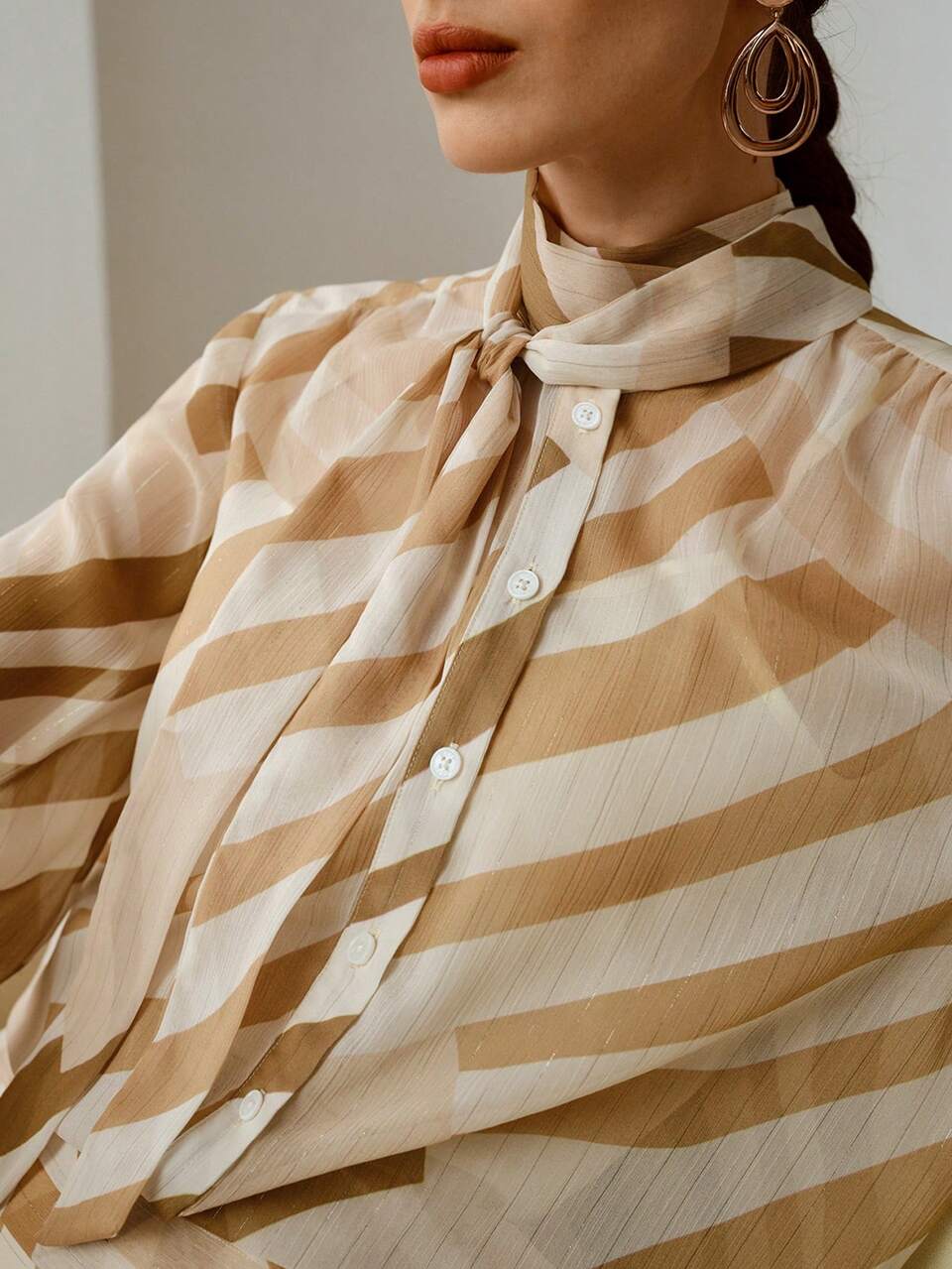 ZEYLAH Women's Sheer Striped Print Long Sleeve Blouse With Tie Neck, Spring/Summer