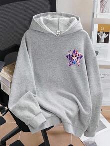 SHEIN Tween Girls' Casual Fashionable Comfortable Minimalist Versatile Creative Funny 3D Star K-POP Cartoon Girl Pattern Fleece Sweatshirt, Autumn/Winter - Grey - View 2