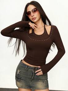 Rina Fox Áo thun dài tay cổ chữ V đính đinh tán ôm sát phong cách Châu Á gợi cảm dành cho nữ, thiết kế 2 trong 1, họa tiết đá pha lê cổ điển, thắt eo, áo thun cơ bản đa năng cho mùa xuân và mùa hè - Cà phê nâu - Xem 6