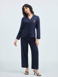 Loungeista 格子家居服套装，可爱翻领纽扣上衣和长裤，女士睡衣家居服，秋冬服装 - 彩色 - 查看 3