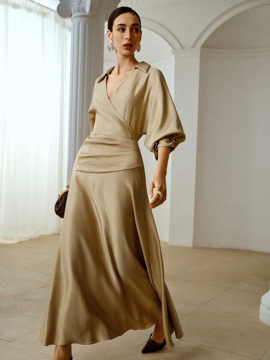 ZEYLAH 优雅裹身式翻领长袖束腰连衣裙，复古风，春夏款 - 卡其色 - 查看 1