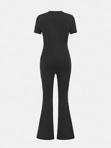 SHEIN Bộ đồ liền thân ống loe in hình bướm cho bé gái tuổi mới lớn - màu đen - Xem 3