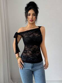 Elenzga Solid Color Asymmetric Neckline Lace-Up Sexy Women Top - Black - View 4