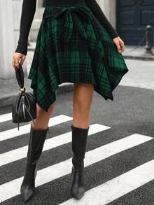 SHEIN LUNE Chân váy kẻ caro viền bất đối xứng buộc phía trước cho nữ, hợp thời trang cho Giáng sinh, Thu/Đông - Màu xanh lá cây đậm - Xem 3