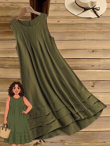 Rusticease Plus Size Women's Solid Color Simple Daily Wear Sleeveless Summer Dress - Army Green - View 1