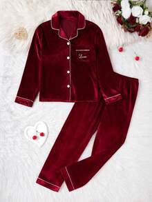 SHEIN 2件套女童/女士休闲舒适柔软韩版抓绒面料睡衣套装，带口袋和爱心刺绣，长袖设计 - 紅色 - 查看 5