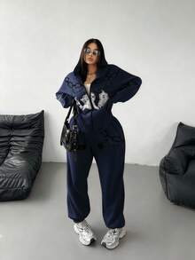 POPSWAY Conjunto de sudadera con capucha y pantalones de chándal estampados de estilo deportivo casual, chándal de punto de talla grande para otoño/invierno - Azul Marino - Ver 7