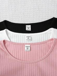 SHEIN 3件套 少女纯色圆领长袖运动街头风针织上衣 - 淺粉色 - 查看 3