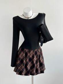 Elamini Women's Plaid Print Elegant Fitted Peplum Long Sleeve Dress - Black - View 1