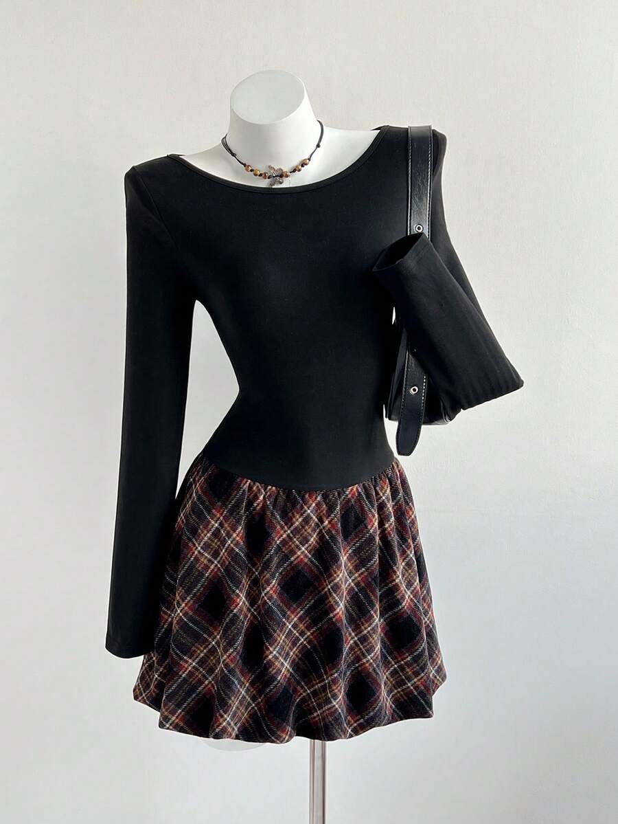 Elamini Women's Plaid Print Elegant Fitted Peplum Long Sleeve Dress - Black - View 1