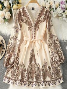 Franclia Women's Floral Print Lantern Sleeve Elegant Vacation Dress Fall Cloth For Women