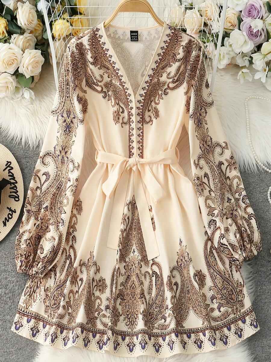 Franclia Women's Floral Print Lantern Sleeve Elegant Vacation Dress Fall Cloth For Women