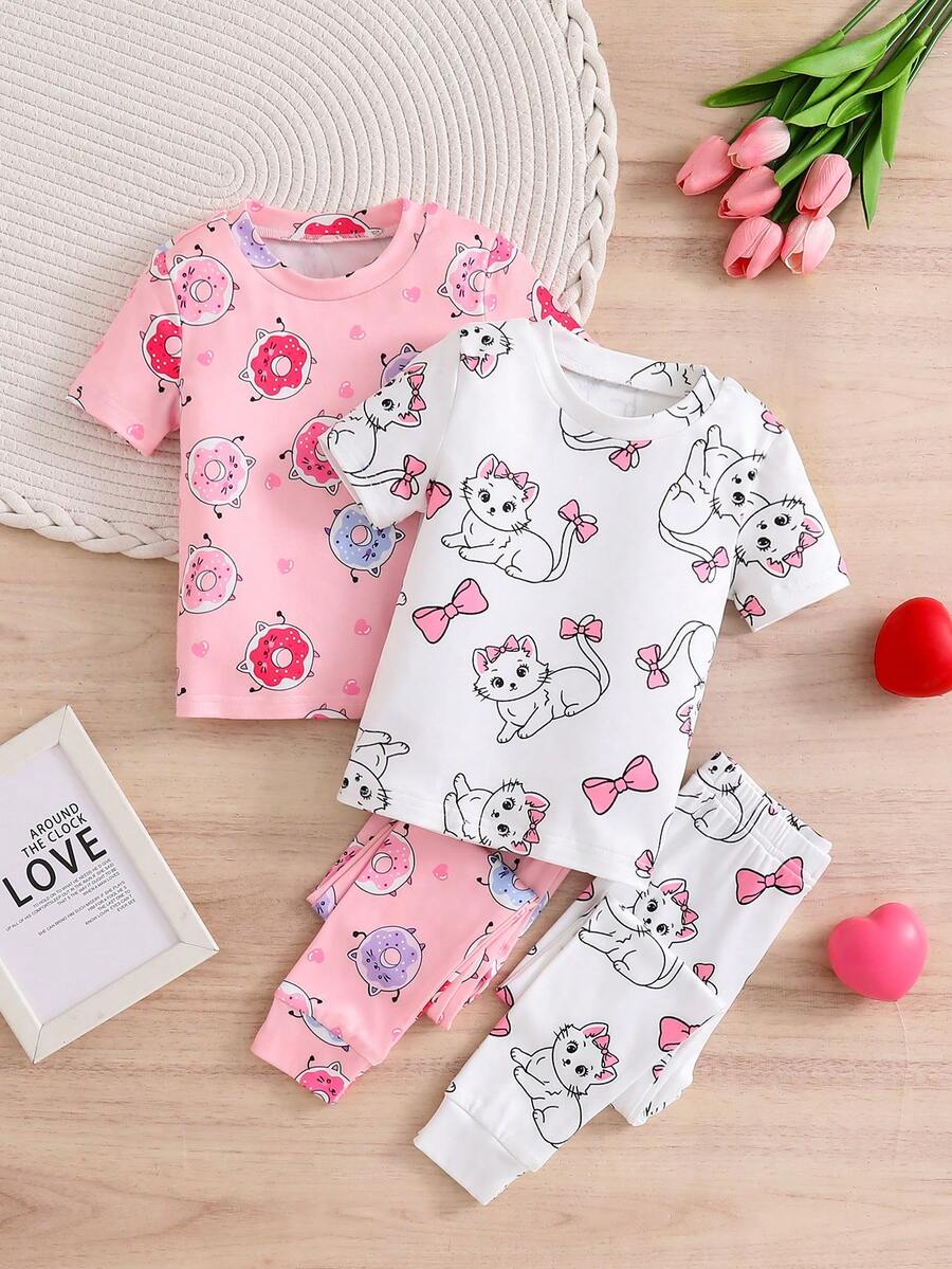 2pcs Girls' Cute Kitten, Bow, Donut Print Short Sleeve Top And Leggings Snug Fit Pajama Sleepwear Set - Multicolor - View 1