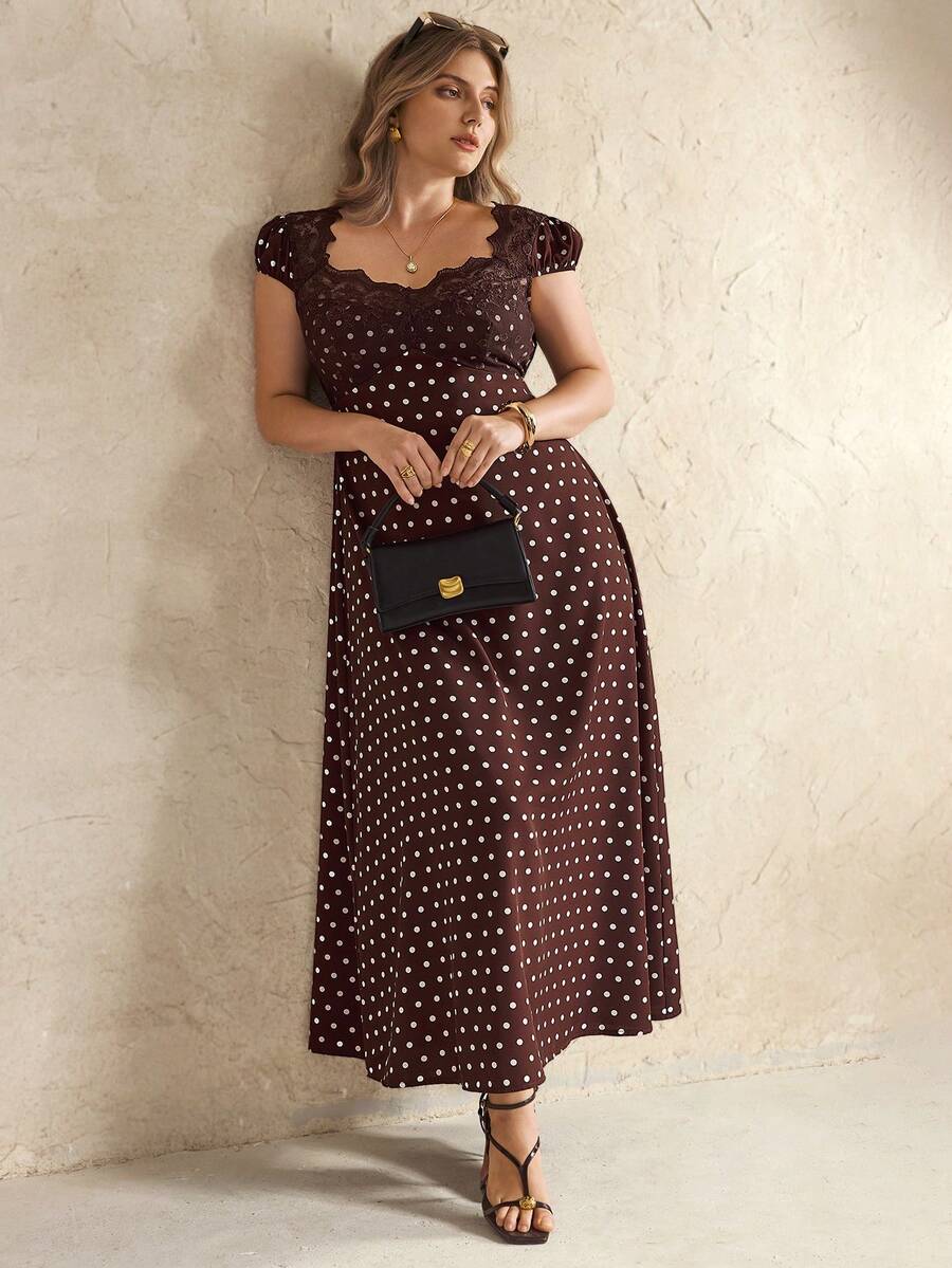 Elegantrix Plus Size Women's Floral Polka Dot Print Ruffle Trim Casual Office Dress, Spring/Summer - Brown - View 1