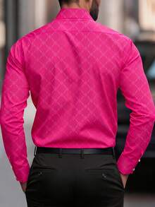 Manfinity Mode 男士黑色纽扣长袖修身商务正装衬衫，长袖男士衬衫 - 玫紅色 - 查看 2