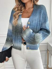 EMERY ROSE Women's Casual Drop Shoulder Fuzzy Knit Cardigan - Blue - View 3