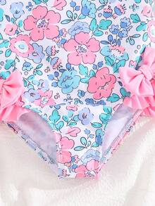 Emery Rose Kids 女童/少女随机印花连体泳衣，带蝴蝶结装饰和荷叶边下摆 - 淺粉色 - 查看 3