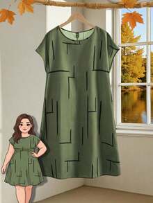 Rusticease Plus Size Crew Neck Batwing Sleeve Allover Print Short Casual Dress, For Summer - Army Green - View 1
