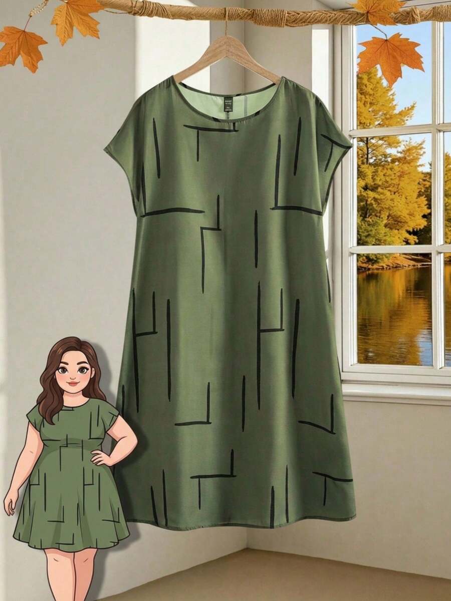 Rusticease Plus Size Crew Neck Batwing Sleeve Allover Print Short Casual Dress, For Summer - Army Green - View 1