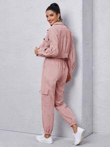 Mulvari Corduroy Flap Detail Jacket With Tie Front Cargo Pants Fall Cloth For Women - Dusty Pink - View 2