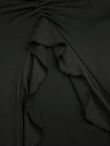 Sweetra 大码女式黑色时尚低胸垂褶领修身针织连衣裙，适合作为晚礼服、秋季服装、机场穿搭、旅行装、生日礼服、夜店派对礼服、正式女士礼服、晚礼服、露背礼服、婚礼宾客礼服、浪漫连衣裙 - 黑色 - 查看 4