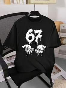 青少年男童休闲简约“67”数字SIX SEVEN图案短袖圆领T恤，街头风，印有67字样，舒适休闲，适合外出和运动，黑色上衣，年轻男士 - 黑色 - 查看 3