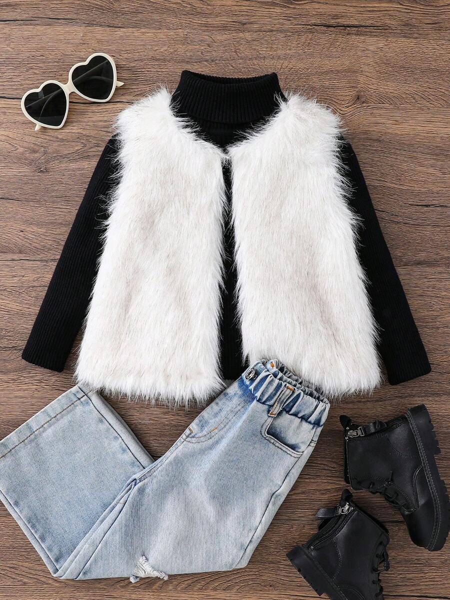Young Girl Furry Gradient Color Block Open Front Fuzzy Coat Sleeveless Vest,Cute Casual, Fashionable, Mom And Daughter & Sisters Matching. Girls Winter Outfit Sets, Elegant Fleece Jacket Coat For Girls, Fur Jacket Kids
