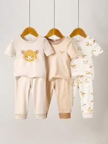 Baby Boys Pajamas-2 Piece Pajama Set Spring To Summer Cute Lion Print Neutral Beige Stripe Short Sleeve Round Neck Long Pants Matching Outfit All Season Holiday 2026 Essential Soft Stretch Durable Lightweight Cozy Everyday Sleepwear Nursery Gift Snug Fit Tight Fit Pajamas - Khaki - View 1