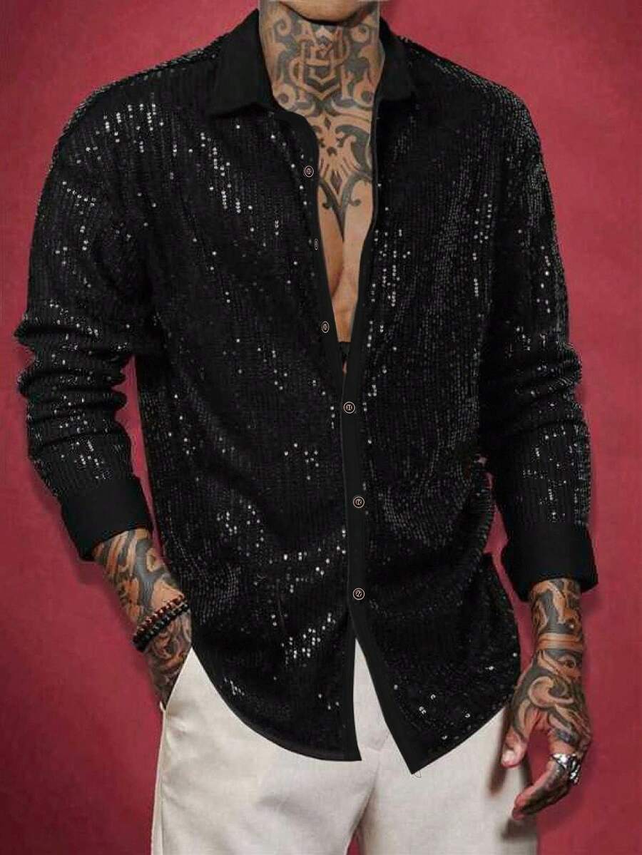 Manfinity AFTRDRK Mens Black Glamorous Disco Style Sequin Embellished Regular Collar Long Sleeve Shirt Mens Sequin Long Sleeve Shirt Mens Party Shirt Mens Sparkly Shirt Black Sequin Shirt Men Mens Sequin Shirt - Black - View 1