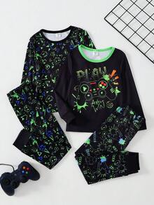 Conjunto de 4 piezas de pijama casual de otoño para niños pequeños, top de manga larga suave con estampado de fútbol de dibujos animados y mando de juego que brilla en la oscuridad, ajuste ceñido - Multicolor - Ver 3