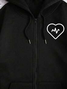Sudadera con capucha de cierre completo color rojo vino con estampado de corazón y línea de latido cardíaco para uso casual y deportivo - Negro - Ver 8