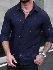 Manfinity Homme 男士纯色亮面单排扣休闲长袖衬衫 男士闪亮衬衫 男士水钻衬衫 男士奢华衬衫 星星衬衫 男士星星衬衫 - 藏蓝色 - 查看 5