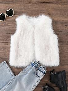 Young Girl Furry Gradient Color Block Open Front Fuzzy Coat Sleeveless Vest,Cute Casual, Fashionable, Mom And Daughter & Sisters Matching. Girls Winter Outfit Sets, Elegant Fleece Jacket Coat For Girls, Fur Jacket Kids