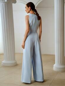 ZEYLAH Sleeveless Jumpsuit With Round Neck And Rhinestone Decoration, Spring/Summer - Baby Blue - View 3