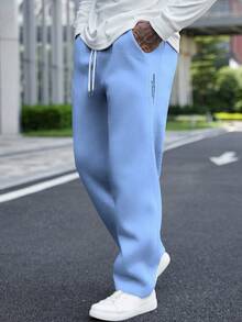 Manfinity Homme Men's Letter Print Drawstring Waist Pocket Loose Casual Sweatpants - Blue - View 5