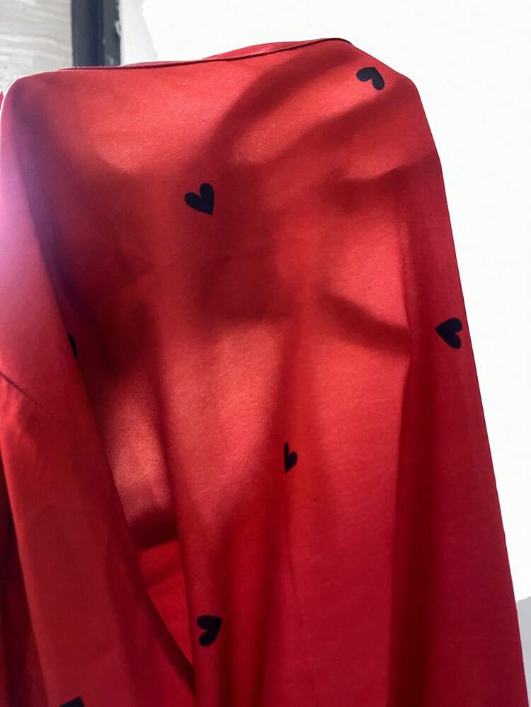 Plus Size Women's Autumn Shirred Heart Print Waist Tie Casual Dress, Wine Red/Valentine's Day Valentine's Day Elegant Dress Women,Vacation/Summer/Spring  Elegant Dress Women Red Dress Women Long Sleeve Dress