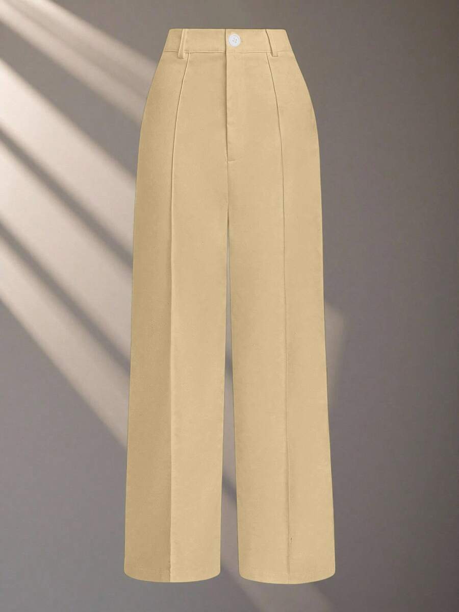 SHEIN PETITE 2025春季新品:女款白色直筒休閒長褲-輕鬆通勤風,垂墜柔軟感與經典百搭兼具,適合嬌小女性 - 杏色 - 查看 1