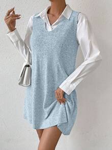 SHEIN LUNE 休闲纯色无袖针织连衣裙，秋冬季 - 淺藍色 - 查看 5