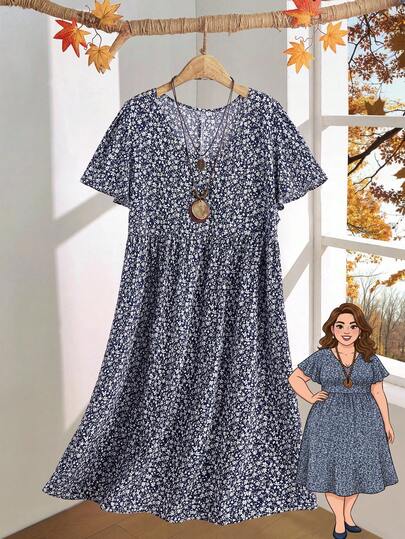 Rusticease 大码女式夏季碎花荷叶边袖节日连衣裙