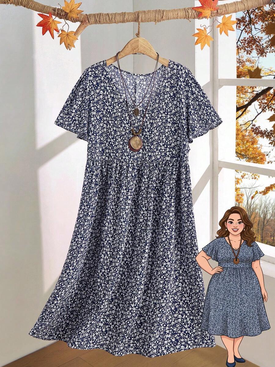 Rusticease Váy dài tay bèo nhún họa tiết hoa mùa hè cỡ lớn dành cho nữ - Xanh và trắng - Xem 1