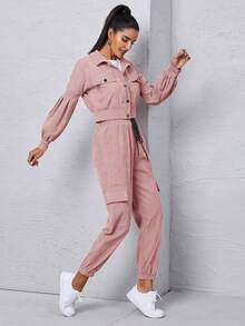 Mulvari Corduroy Flap Detail Jacket With Tie Front Cargo Pants Fall Cloth For Women - Dusty Pink - View 12